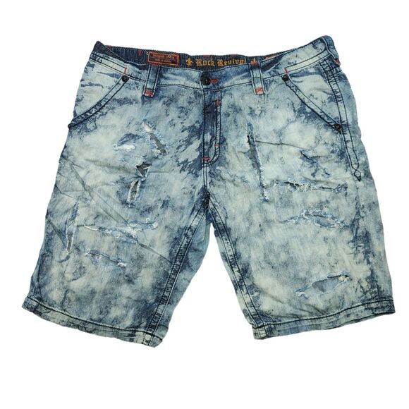 Heavily TRASHED Rock Revival Shorts Men’s 42 Tie Dye Acid Wash Light Denim READ - Picture 6 of 16